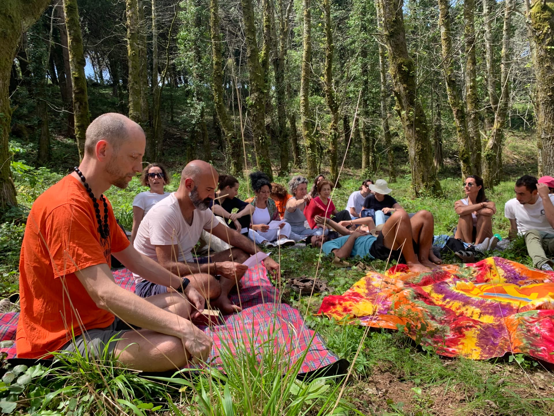 Grupo sentado sobre mantas coloridas num bosque de árvores altas, em círculo de partilha