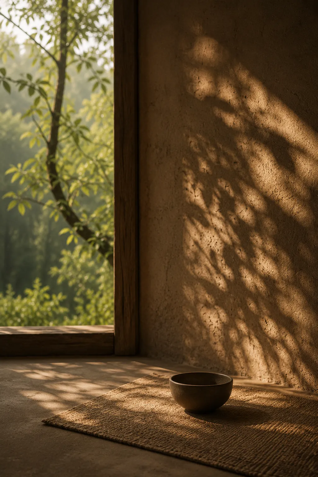 Taça de barro sobre uma esteira de juta, luz de sol filtrada por folhas numa parede de terra