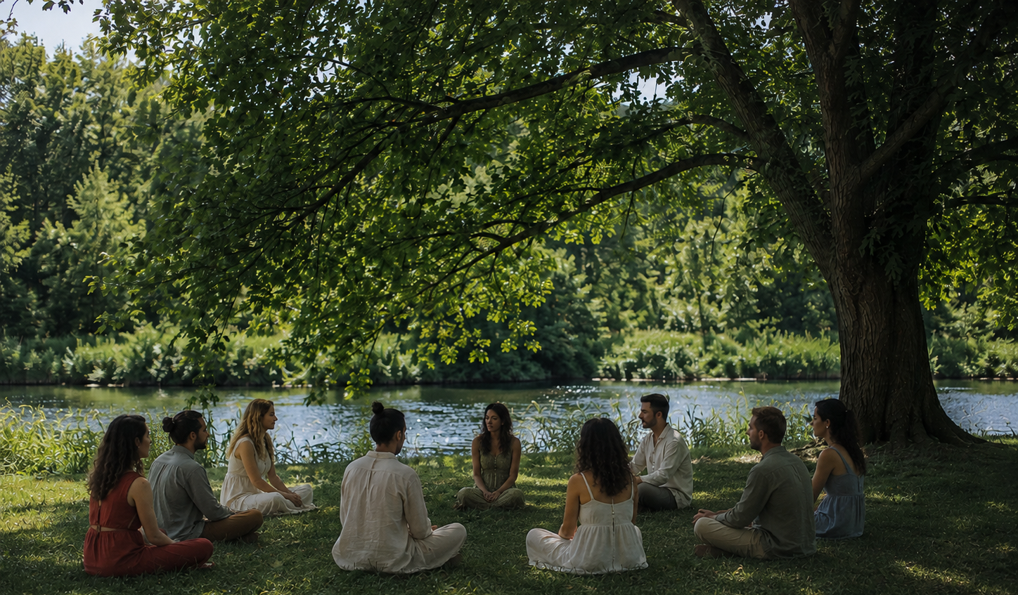 Círculo de pessoas reunidas junto a um lago, ao entardecer