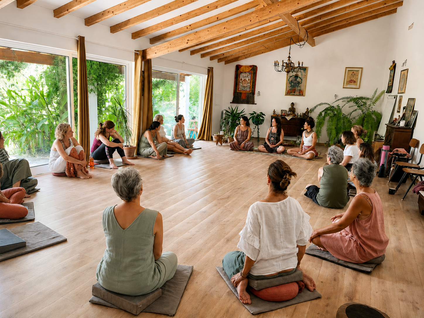 Círculo de mulheres sentadas no chão de madeira de uma sala luminosa, com grandes janelas abertas para a vegetação